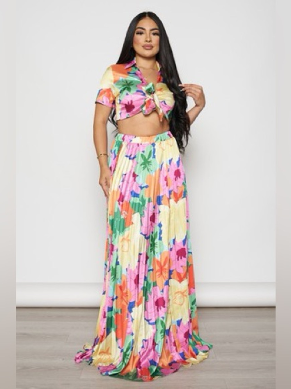 Floral Maxi Pleated Skirt Set- Multicolor